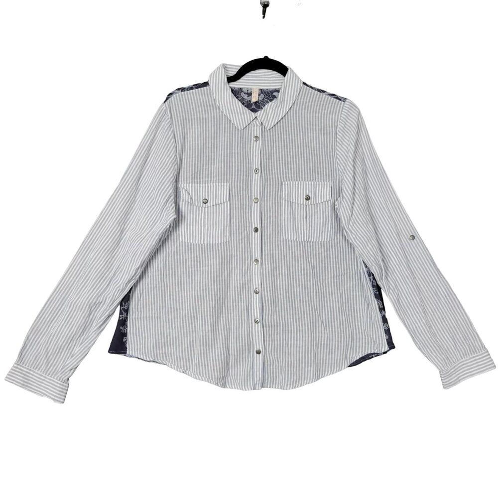 FREE PEOPLE Blue Striped Button Up Sheer Floral Back Top SIZE MEDIUM